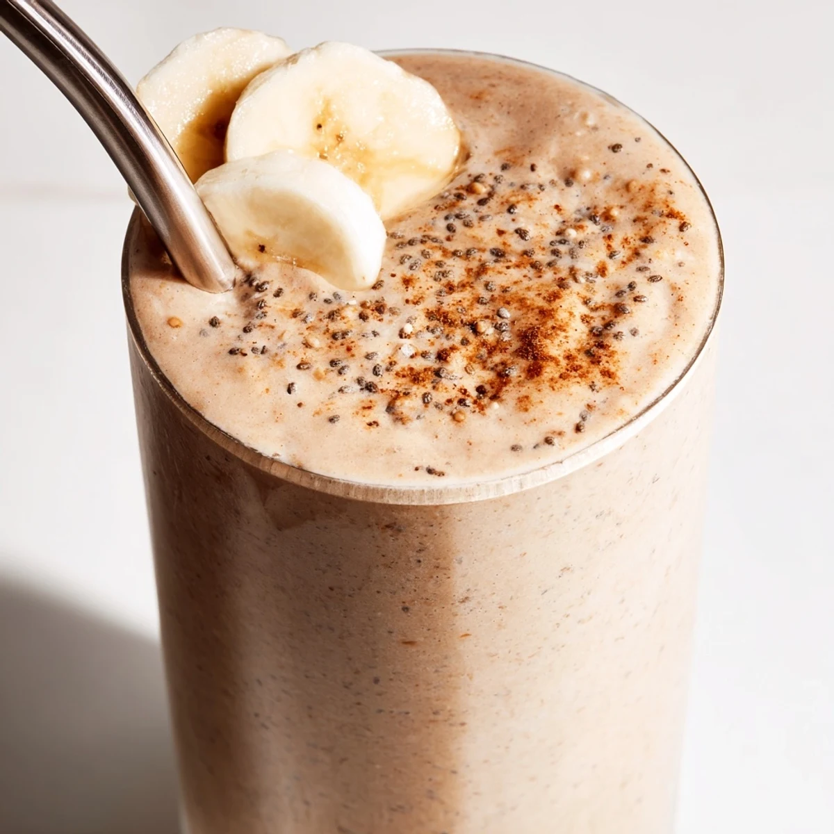 Chilled banana protein coffee smoothie blended smooth with ripe banana and almond milk