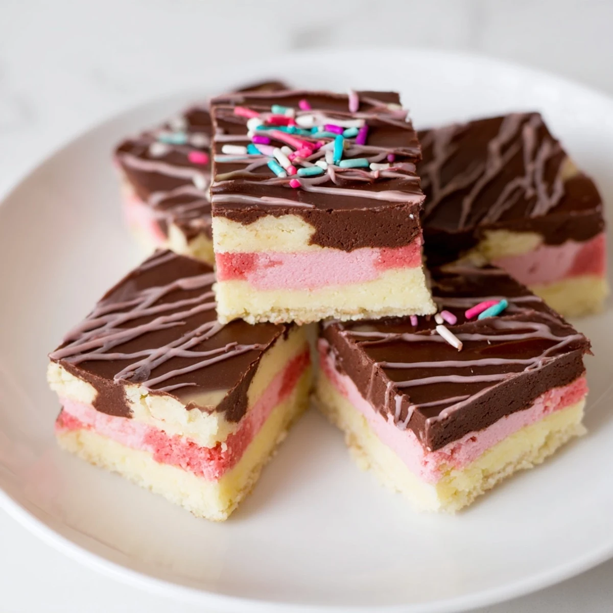 Colorful Neapolitan cookies layered with chocolate, vanilla, and strawberry dough, sliced into neat squares