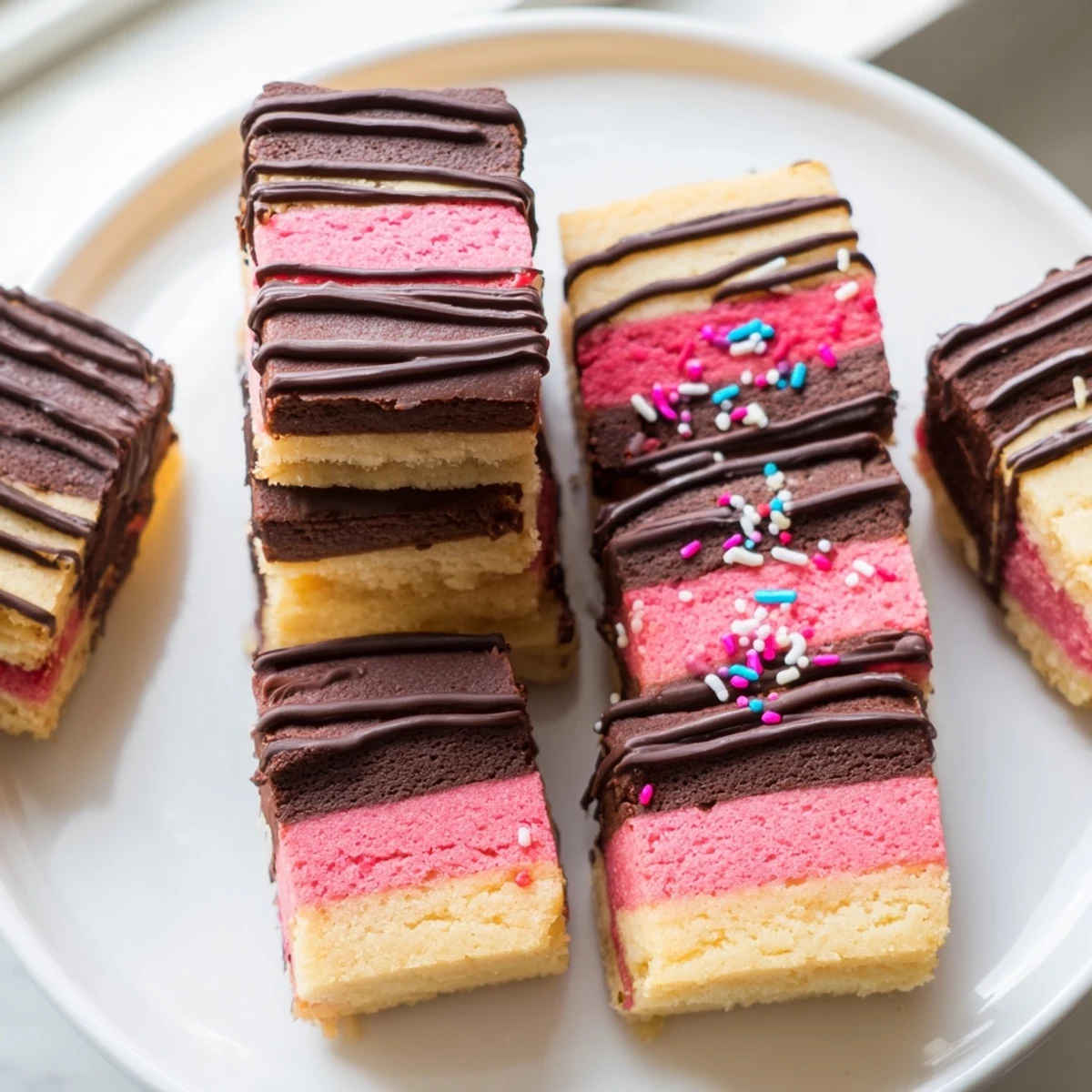 Neapolitan cookies drizzled with melted chocolate and topped with festive sprinkles on a rustic baking sheet