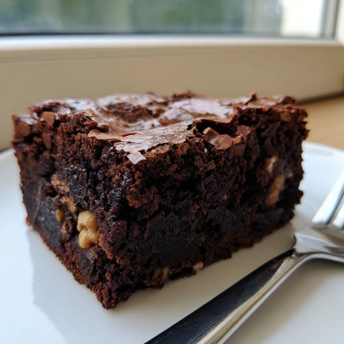 Rich fudgy brownies with a crackly crust cut into squares on a rustic board