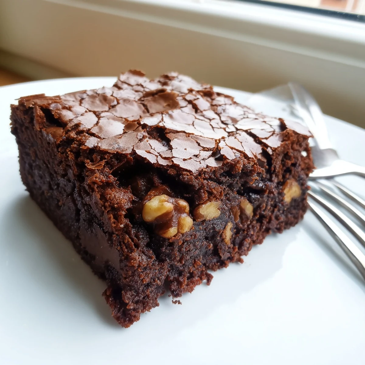 Freshly baked fudgy brownies with crisp edges displayed on parchment paper