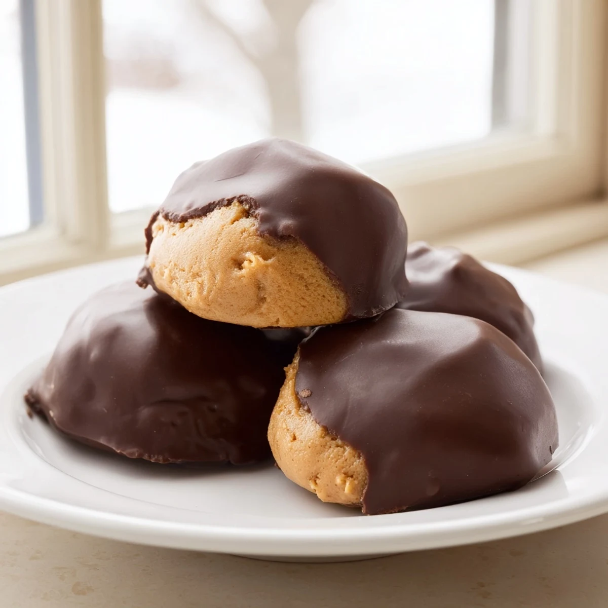 Creamy buckeye cookies with golden peanut butter tops dipped in glossy chocolate