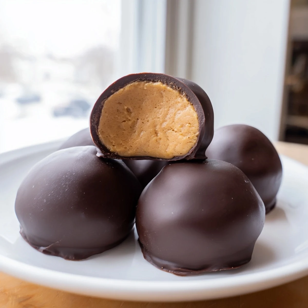 Rich chocolate-dipped buckeye cookies arranged on a rustic holiday baking sheet