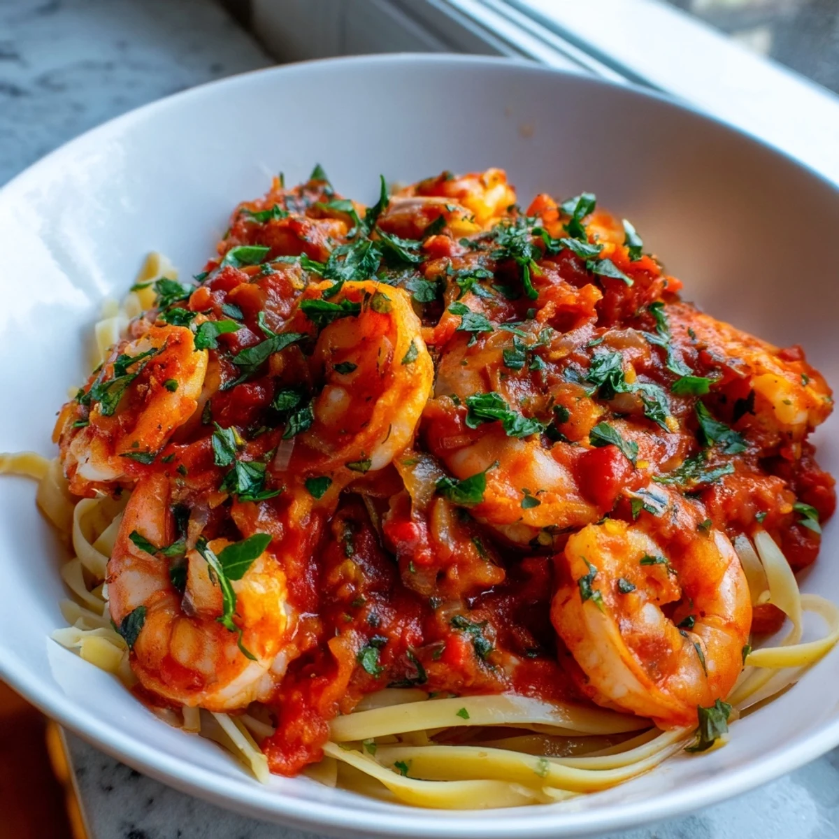 Spicy Shrimp Fra Diavolo simmered in garlicky tomato sauce over linguine pasta