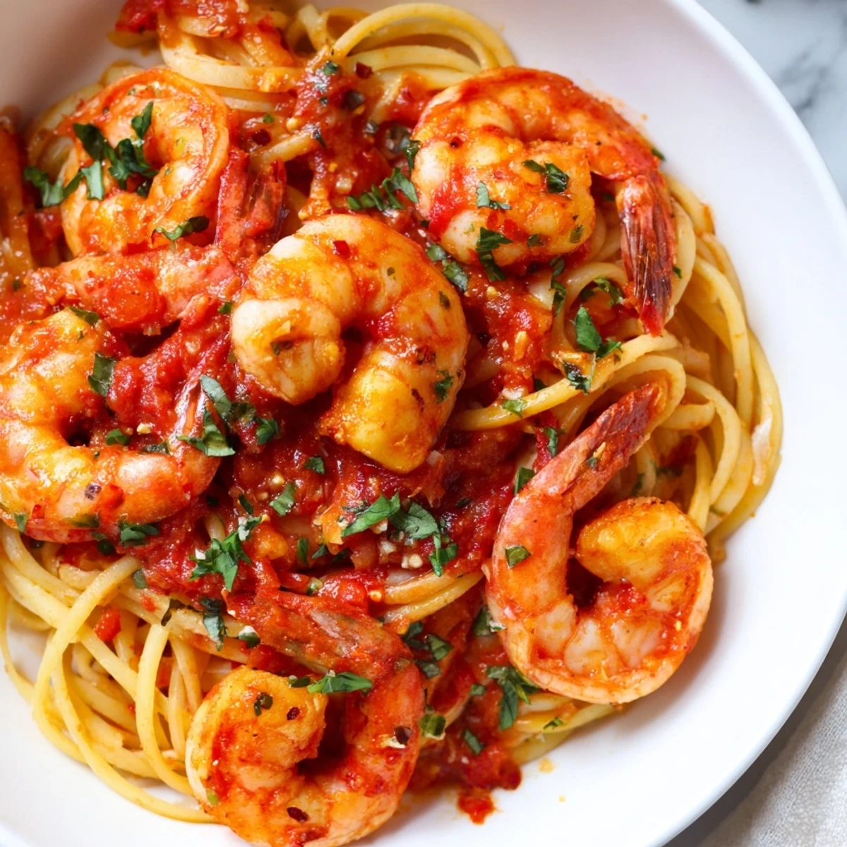 Shrimp Fra Diavolo garnished with fresh parsley and bright lemon wedges on white plates