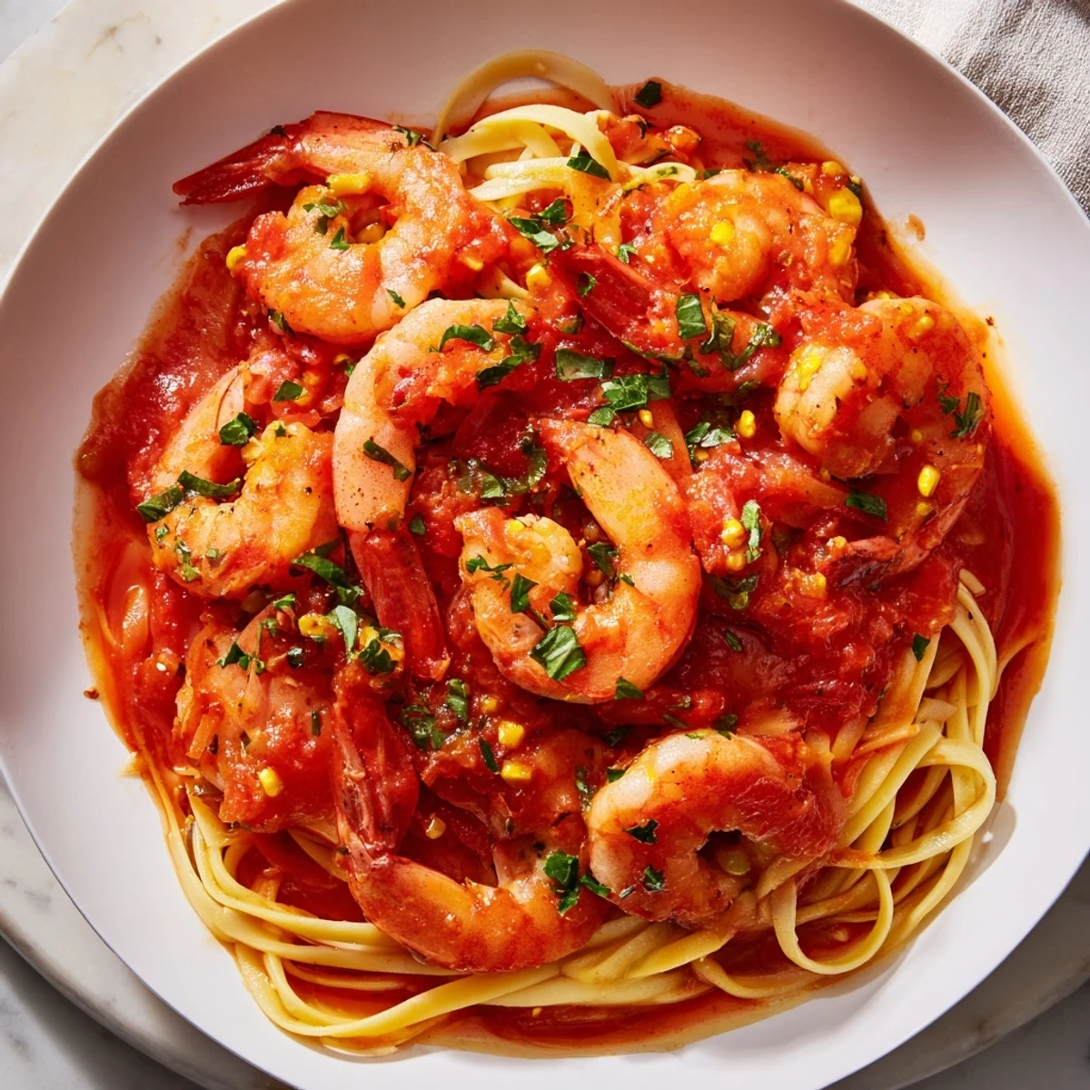 Plump glazed shrimp in fiery red tomato sauce served steaming atop al dente noodles