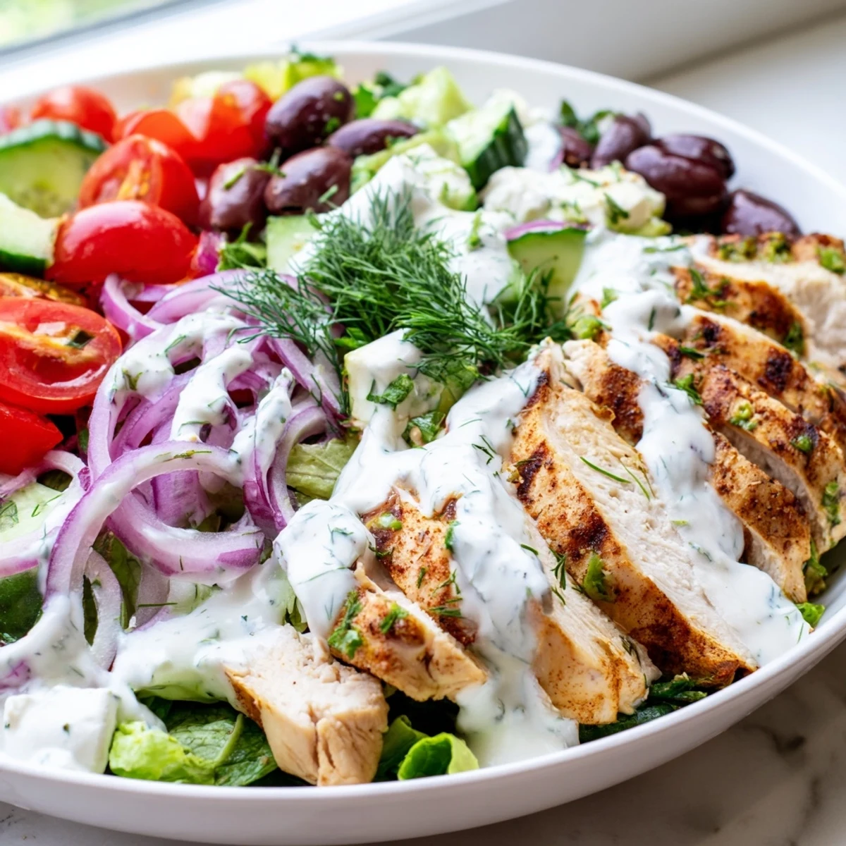 Greek Chicken Salad with creamy whipped feta dressing drizzled over crisp greens and grilled chicken