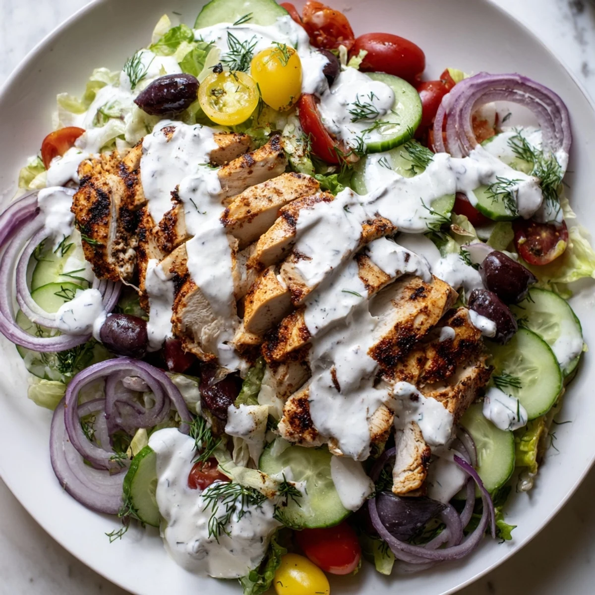 Juicy grilled chicken resting on vibrant Mediterranean vegetables with rich whipped feta dressing