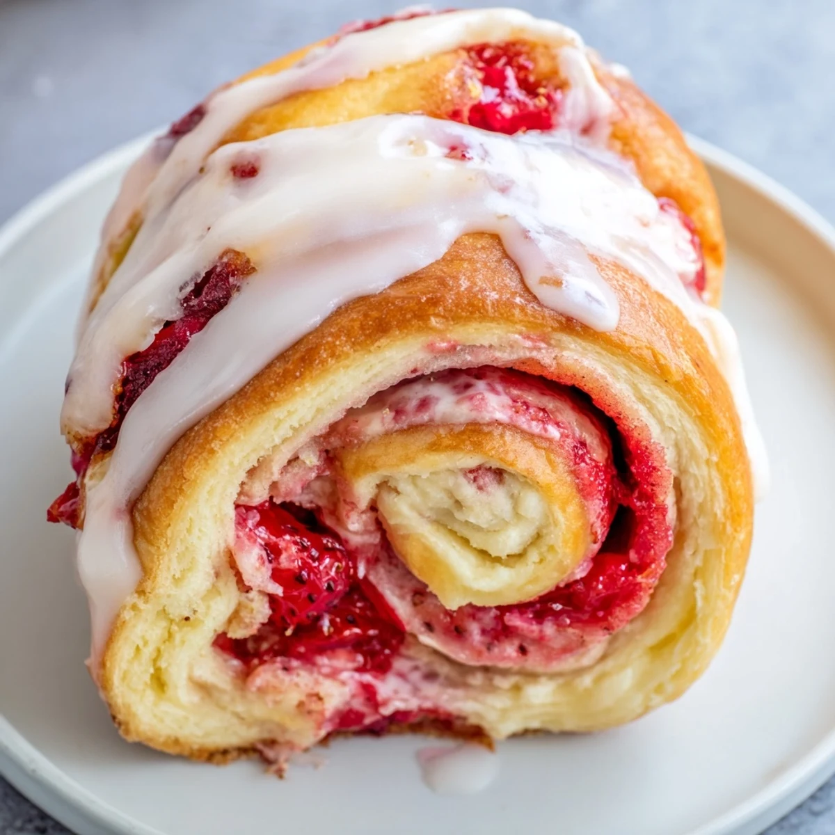 Soft baked rolls swirled with creamy cheesecake filling and bright red fresh strawberries