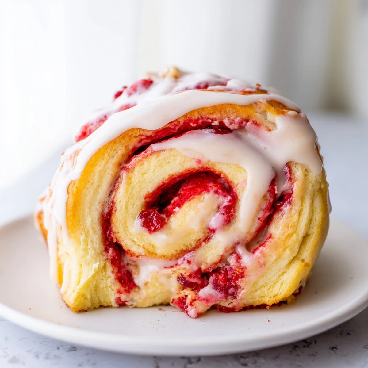 Golden strawberry cheesecake rolls drizzled with sweet vanilla glaze on a rustic plate