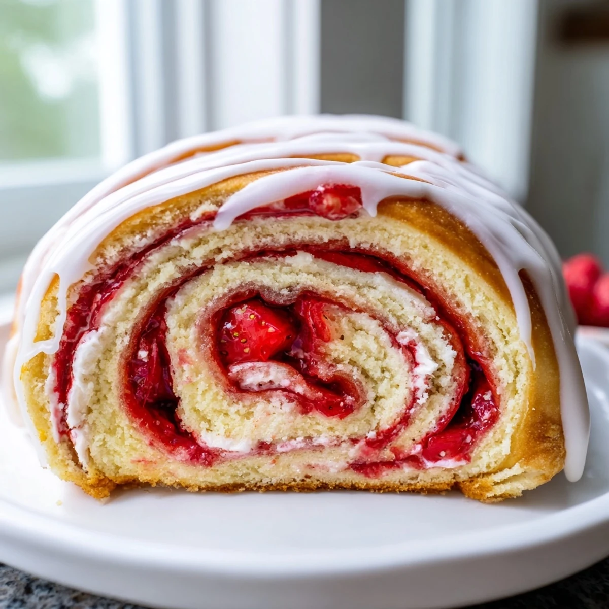 Warm strawberry cheesecake rolls pulled apart to reveal a rich cream cheese center