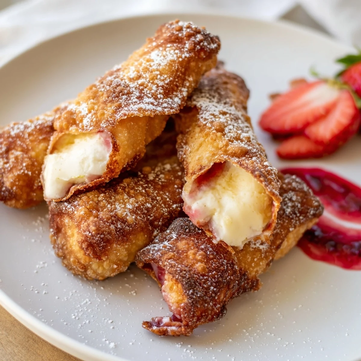 Crispy golden cheesecake egg rolls dusted with powdered sugar on a rustic plate