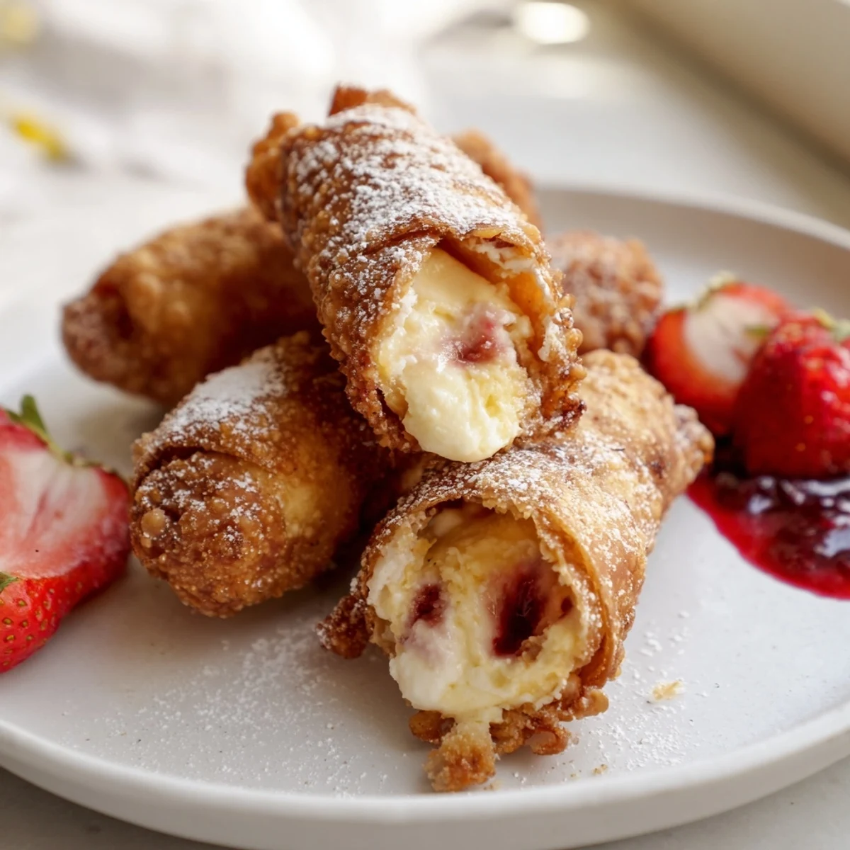 Creamy cheesecake egg rolls arranged on a platter with fresh berry compote