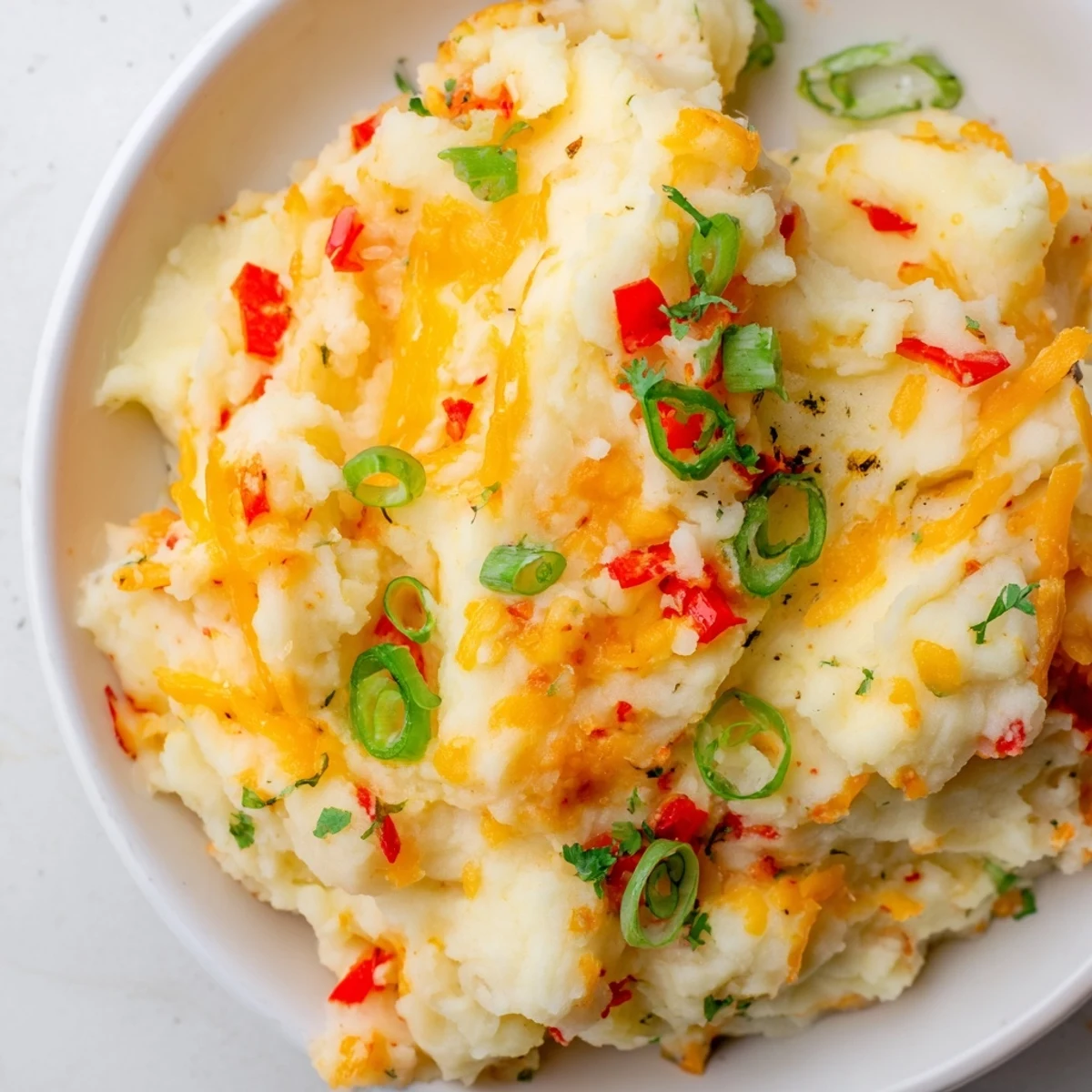 Creamy Tex Mex Mashed Potatoes topped with melted cheddar and fresh cilantro