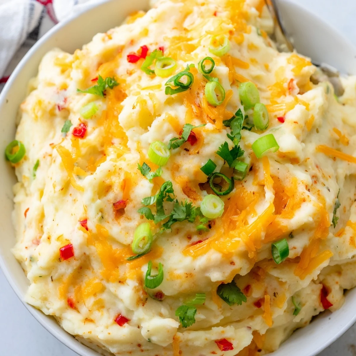Spiced Tex Mex Mashed Potatoes studded with diced peppers and green onions