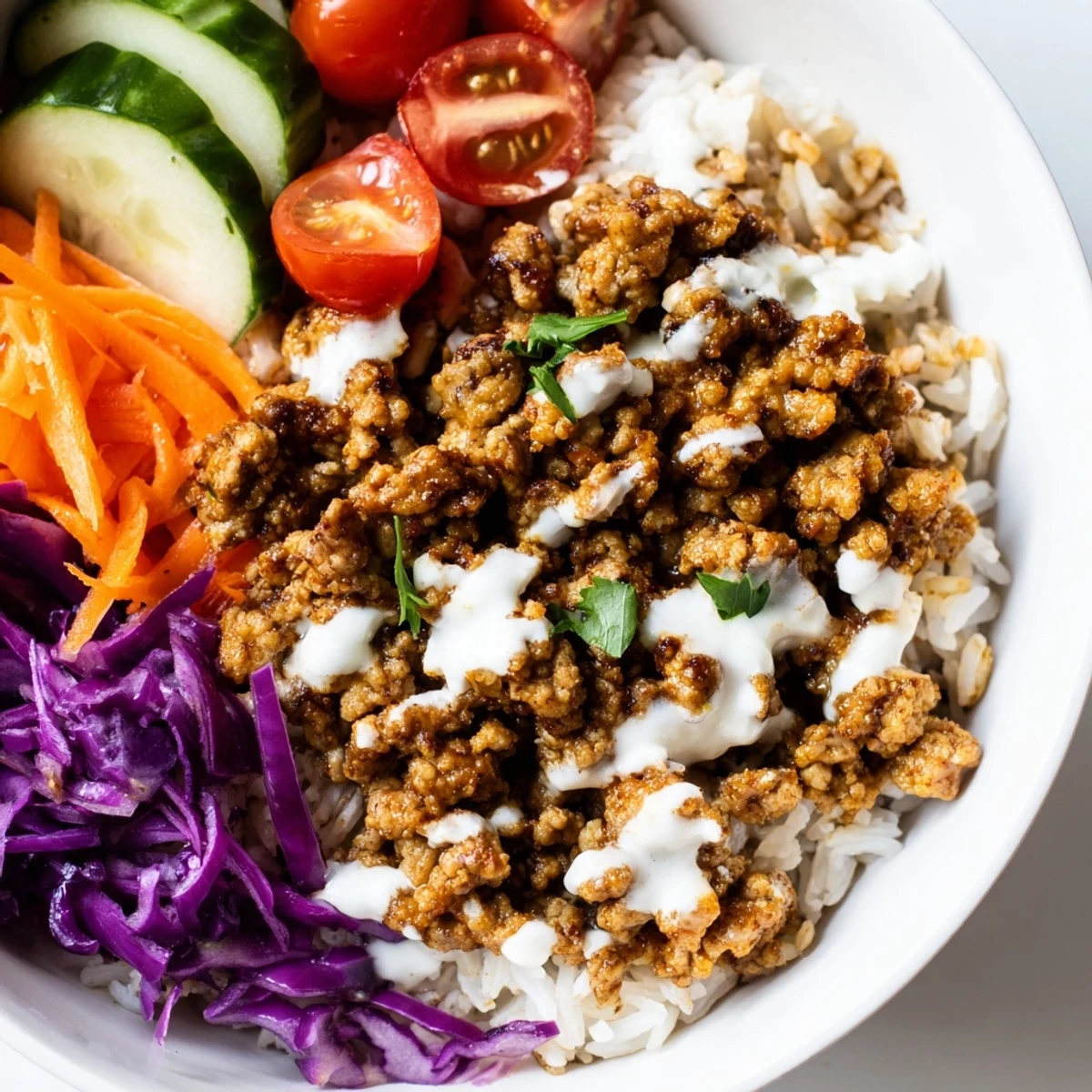 Spiced Turkey Rice Bowls topped with colorful fresh veggies and creamy yogurt sauce