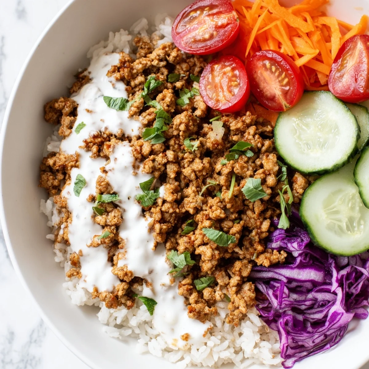 Warm Spiced Turkey Rice Bowls garnished with julienned carrots cilantro and lime wedges