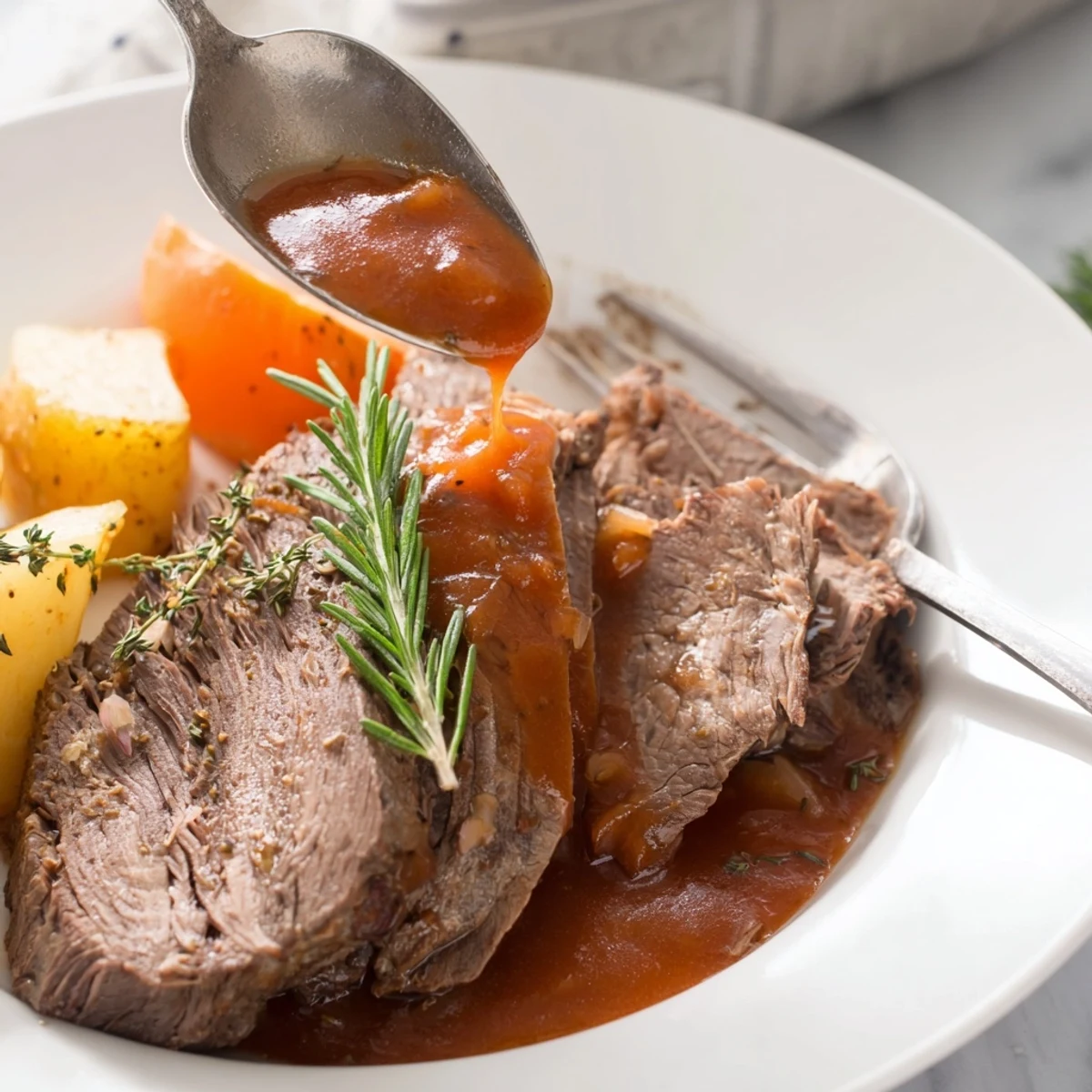 Perfect pot roast sliced thick and served with fork-tender root vegetables and aromatic herbs