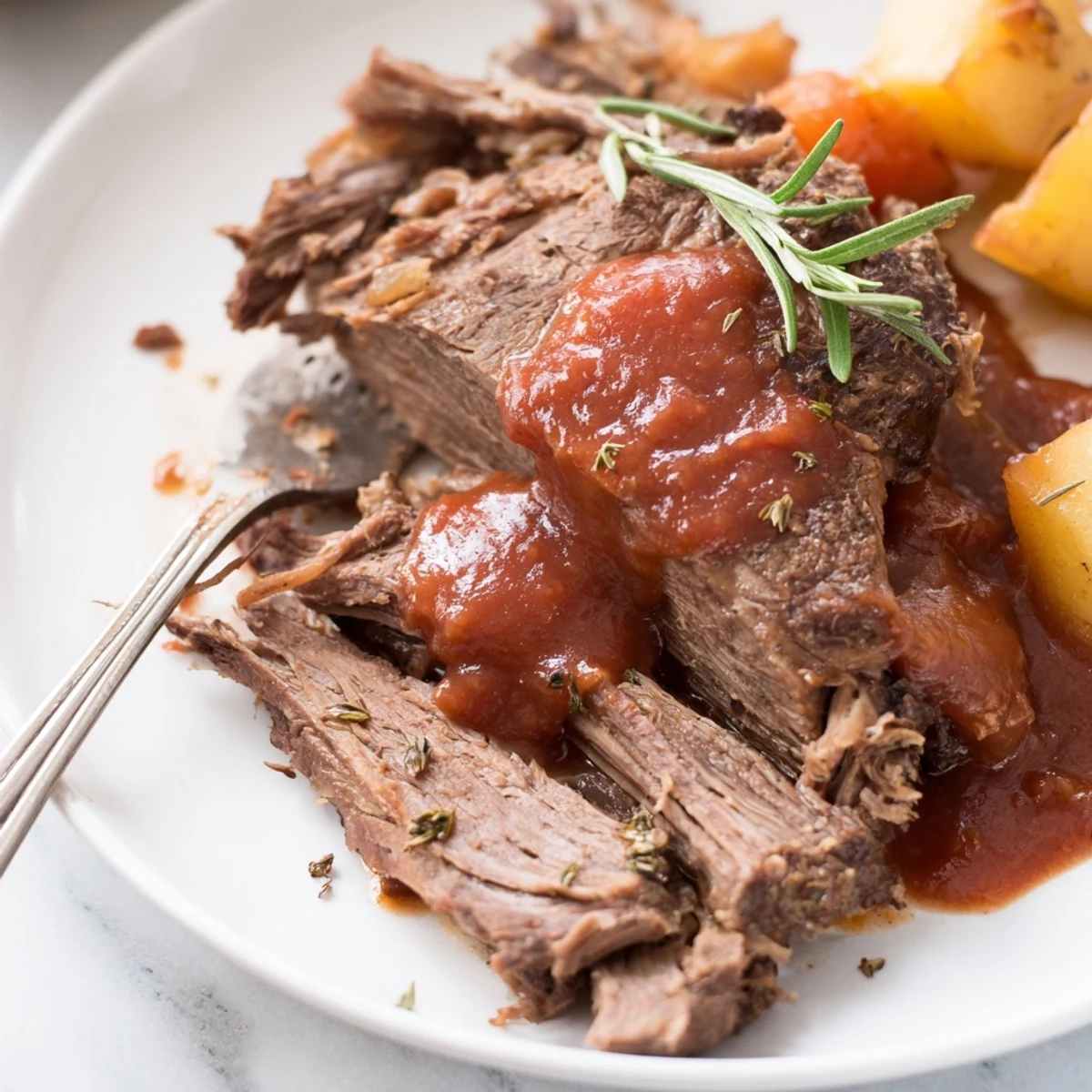 Tender perfect pot roast surrounded by golden potatoes and carrots in rich gravy