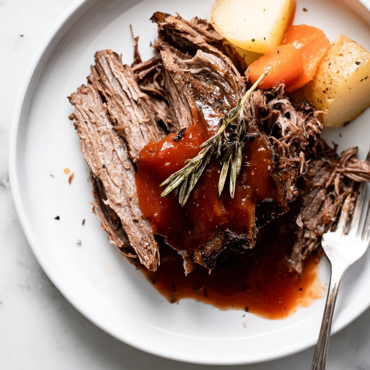 Hearty perfect pot roast with caramelized onions and carrots glistening in savory pan juices