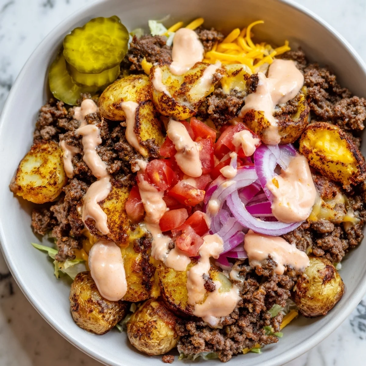 Loaded smash burger bowls topped with crispy golden potatoes and drizzled with creamy sauce
