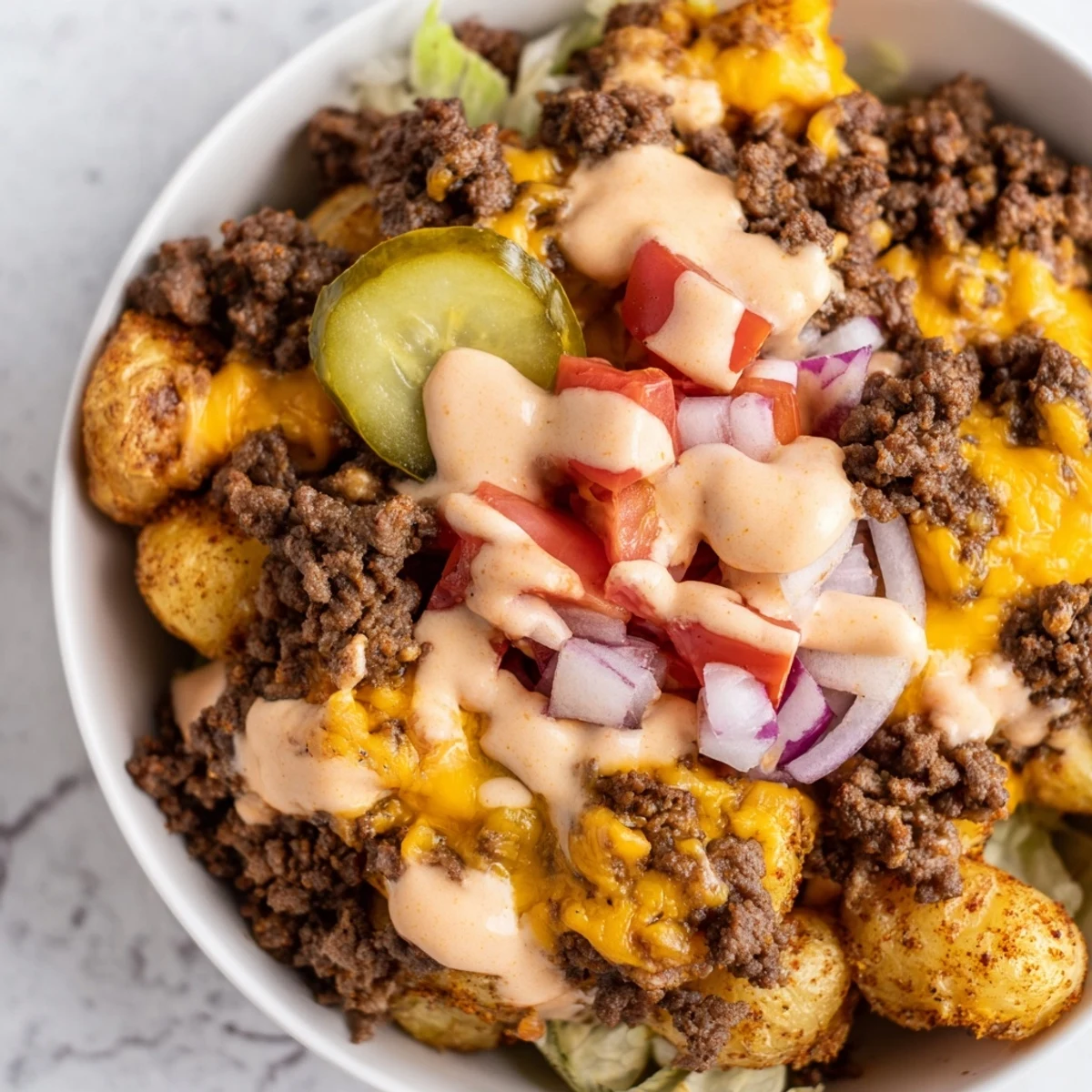 Juicy crumbled beef over crispy potatoes in loaded smash burger bowls with tangy special sauce