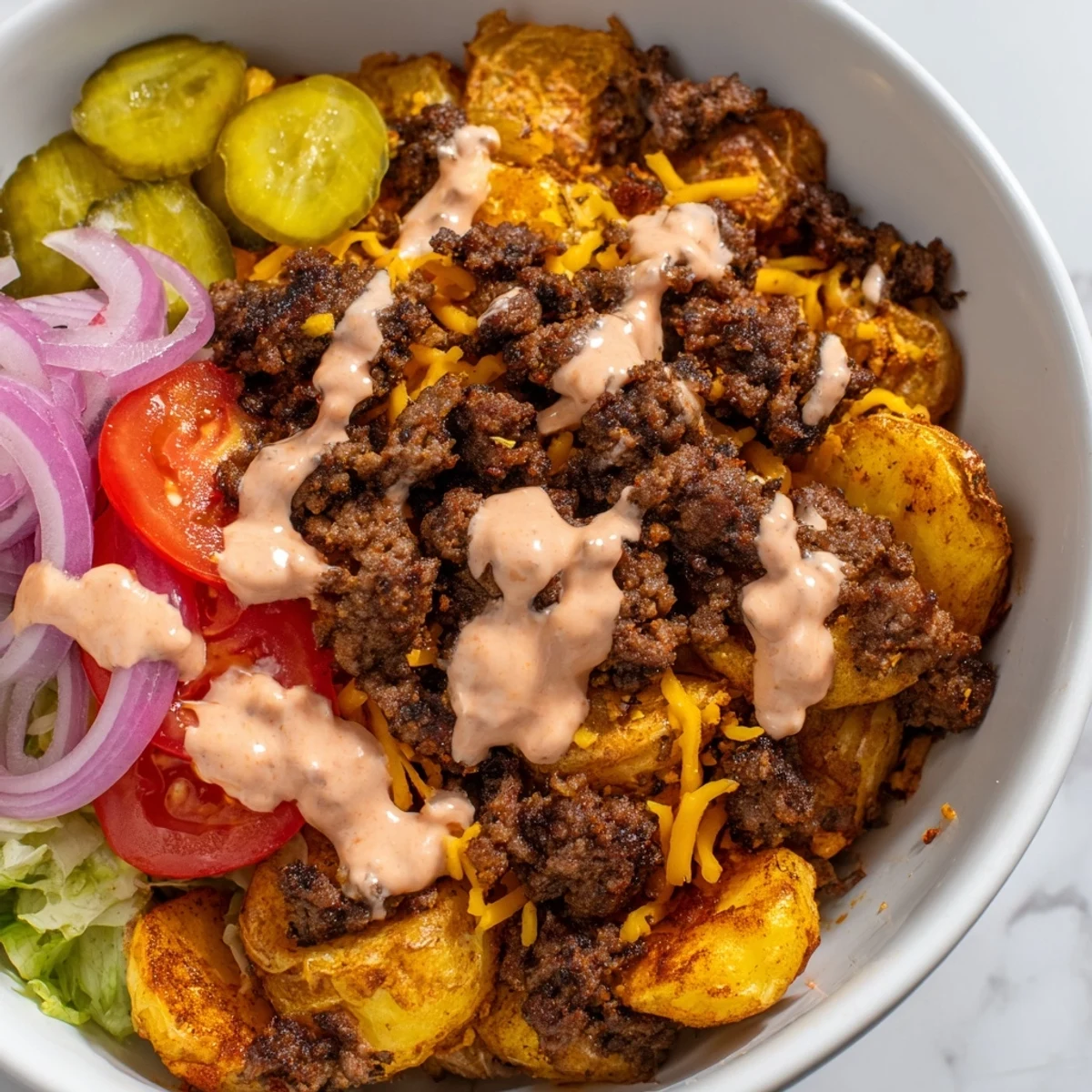 A hearty loaded smash burger bowl with melted cheddar, fresh lettuce, and crispy smashed potatoes