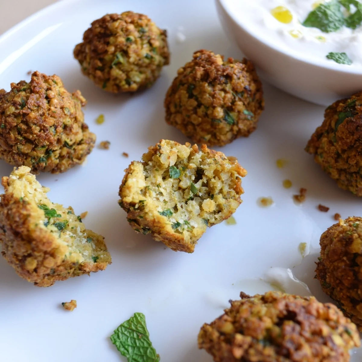 Golden crispy herb falafel bites arranged on a platter with creamy garlic yogurt sauce