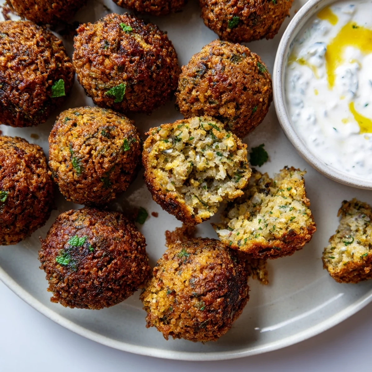 Crunchy herb falafel bites drizzled with tangy garlic yogurt sauce on a rustic plate