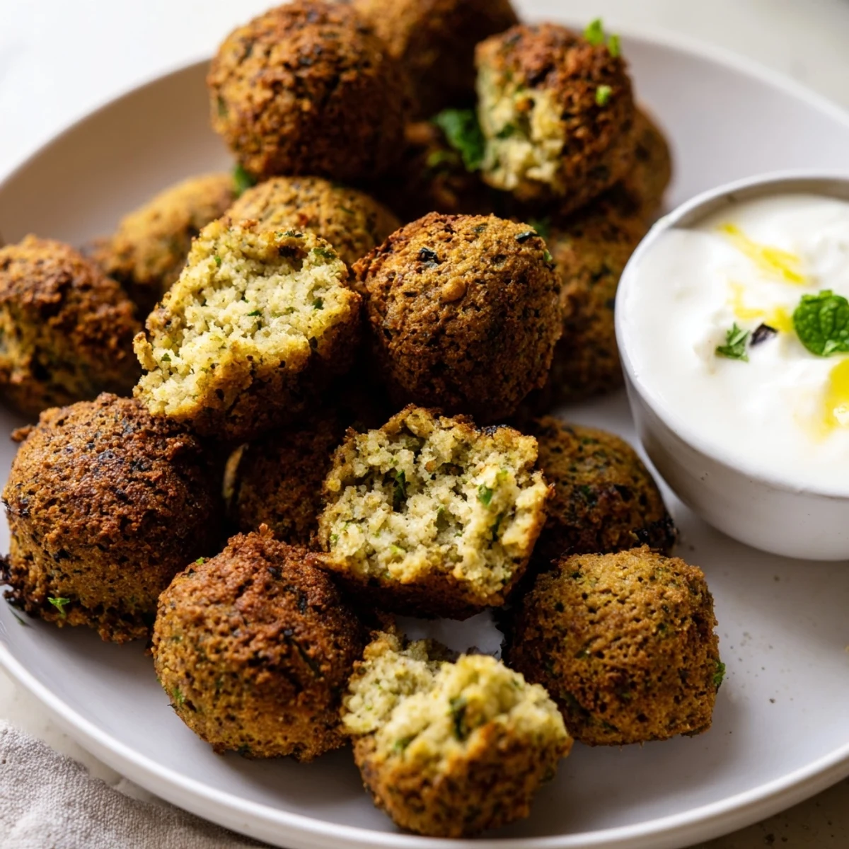 Crispy herb falafel bites served warm alongside a bowl of cool garlic yogurt sauce