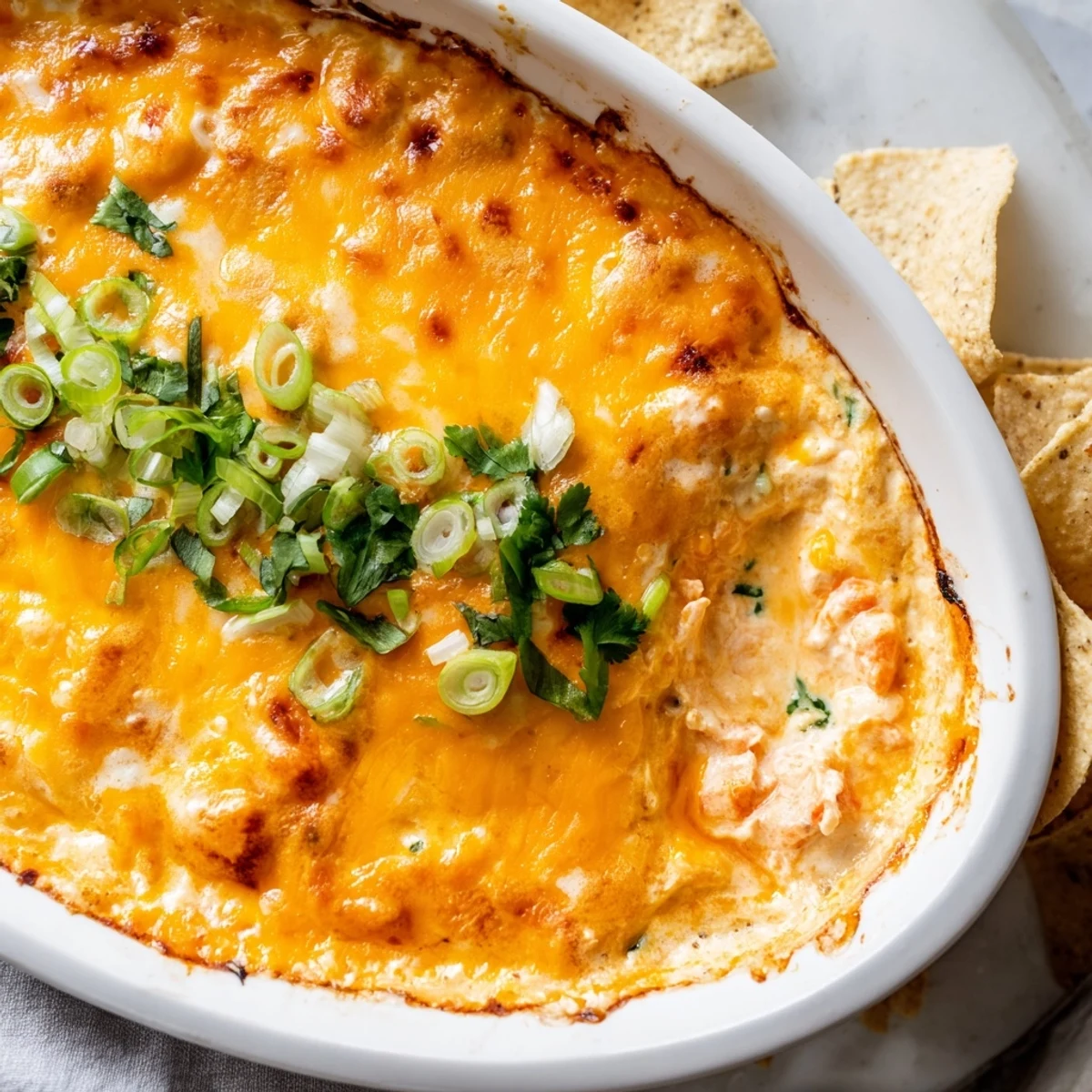 Creamy extra cheesy bang bang shrimp dip bubbling golden in a cast iron skillet