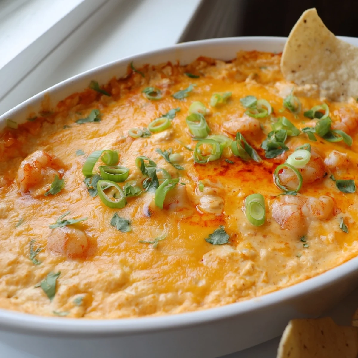 Warm extra cheesy bang bang shrimp dip served with tortilla chips and cilantro garnish
