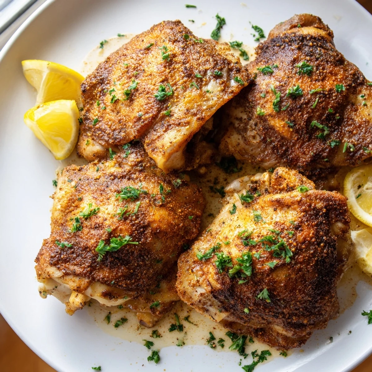Crispy golden Old Bay chicken thighs roasted on a sheet pan with fragrant spice crust