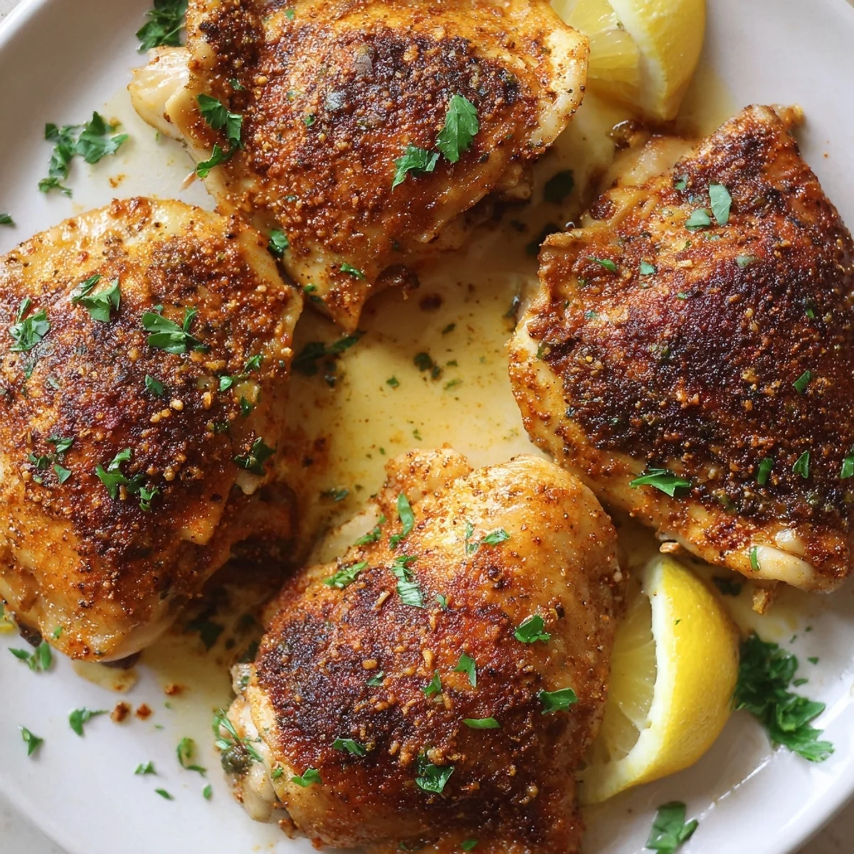 Juicy Old Bay chicken thighs garnished with fresh parsley and bright lemon wedges