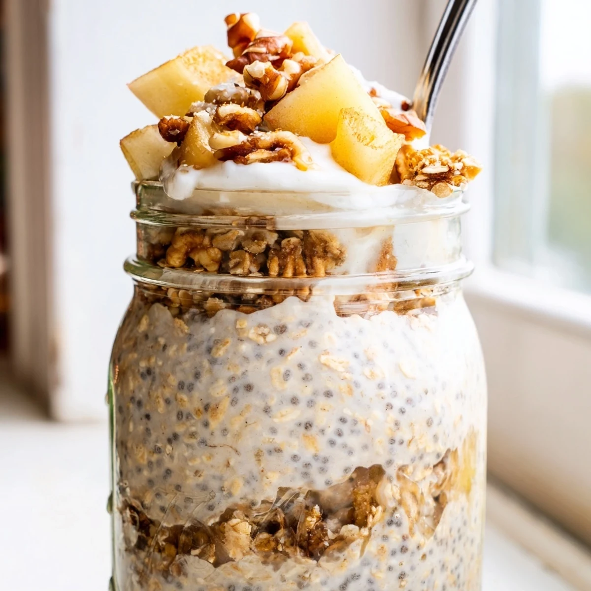 Creamy apple crumble overnight oats layered with cinnamon apples in a glass jar