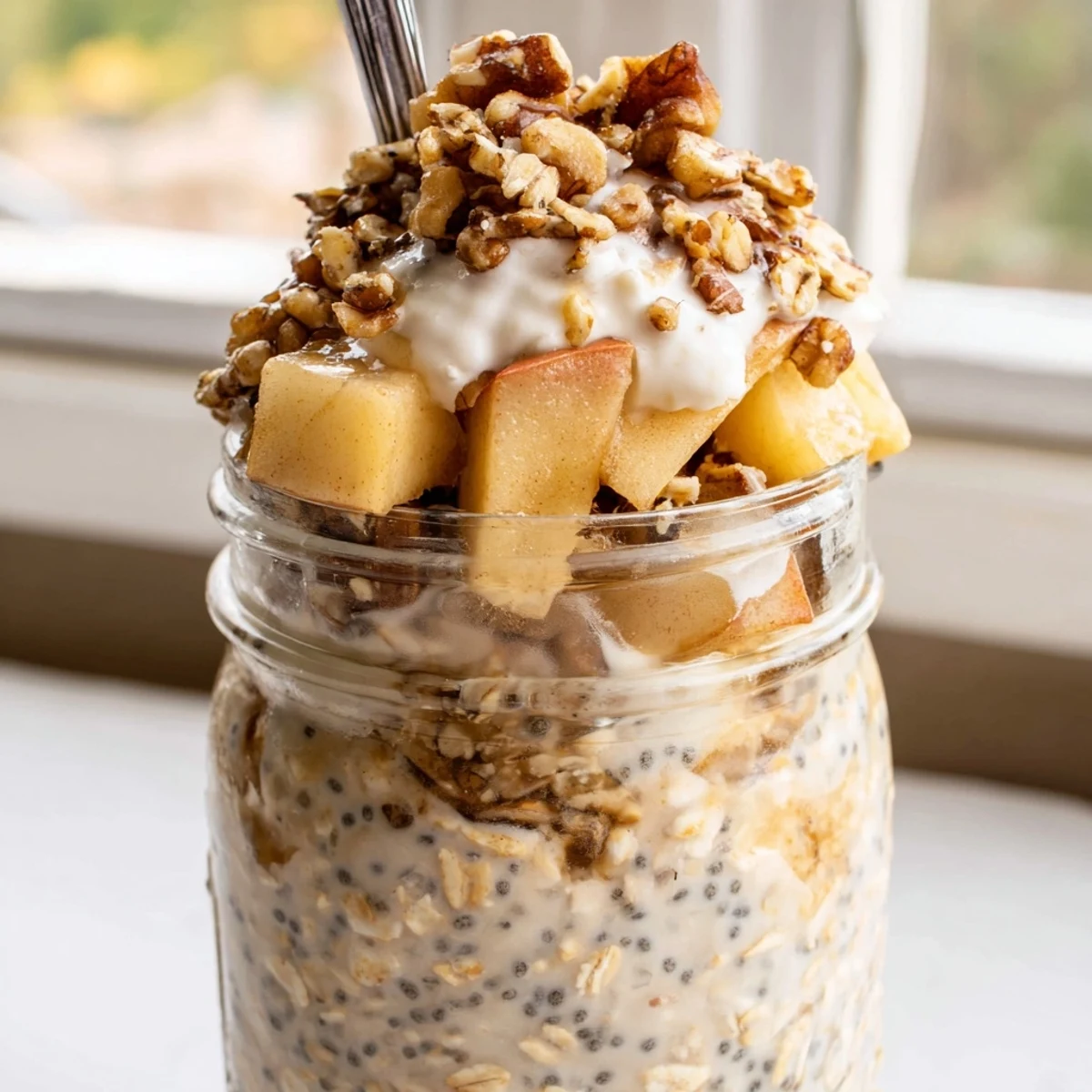 Golden crumble topping sprinkled over apple crumble overnight oats with sweet diced apples