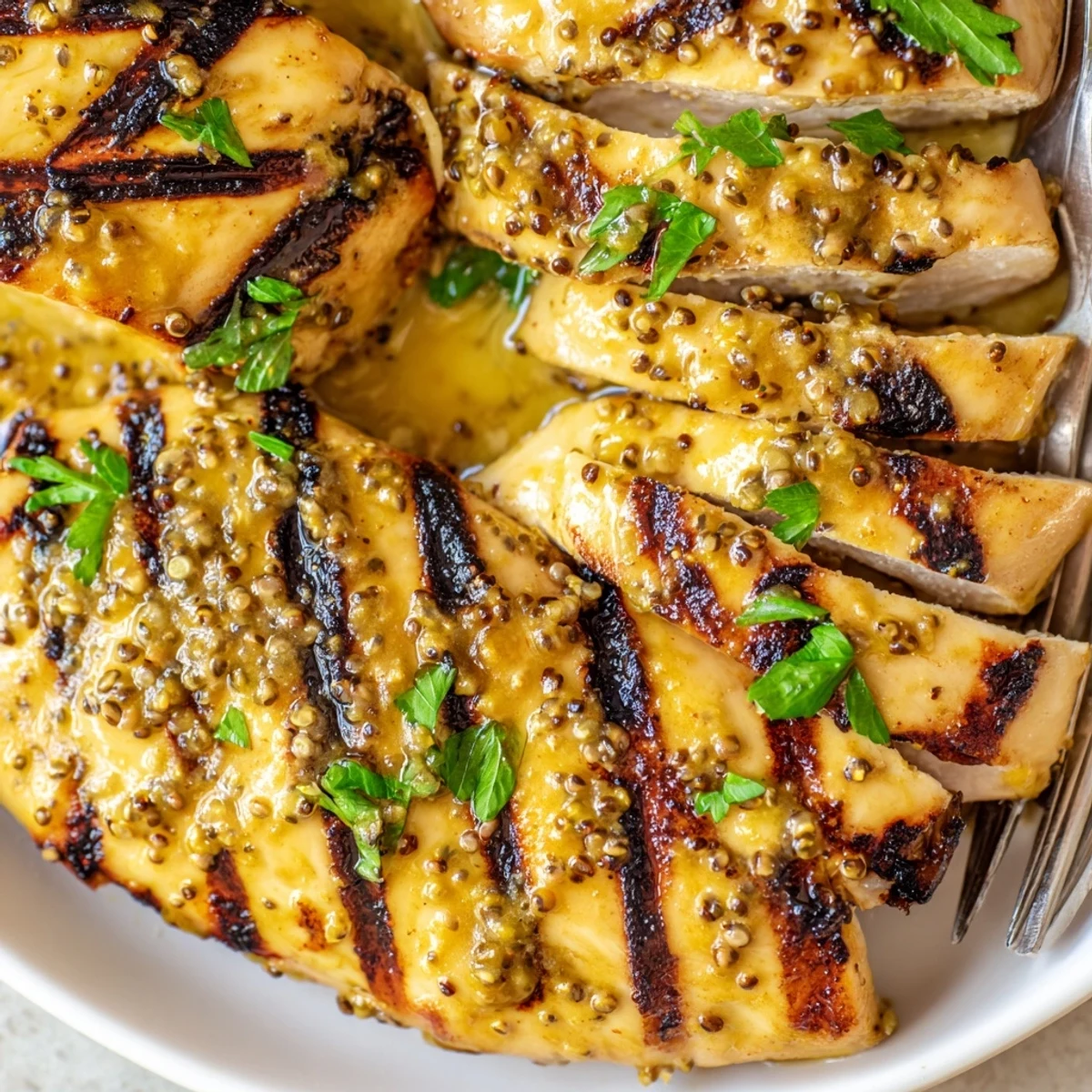 Golden grilled honey mustard chicken with caramelized grill marks on a rustic plate