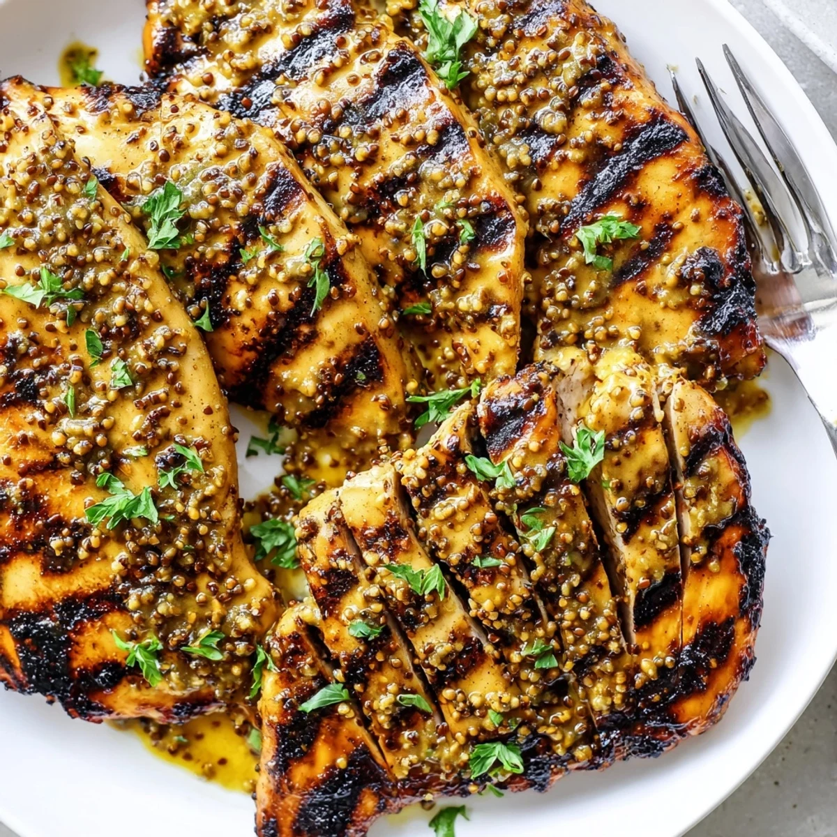 Juicy grilled honey mustard chicken breasts brushed with tangy sweet glaze outdoors