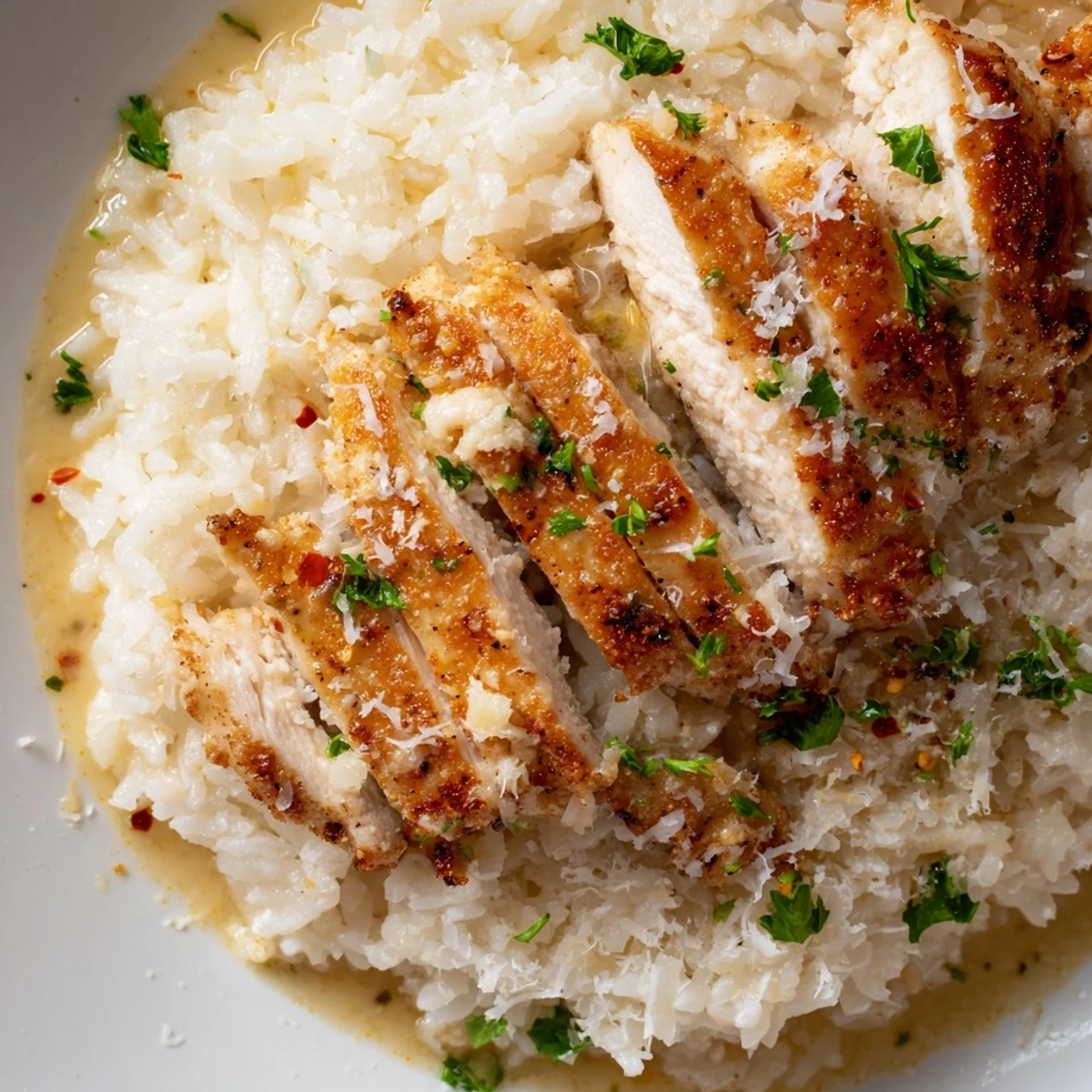 Golden seared chicken scampi nestled on creamy garlic parmesan rice with fresh parsley