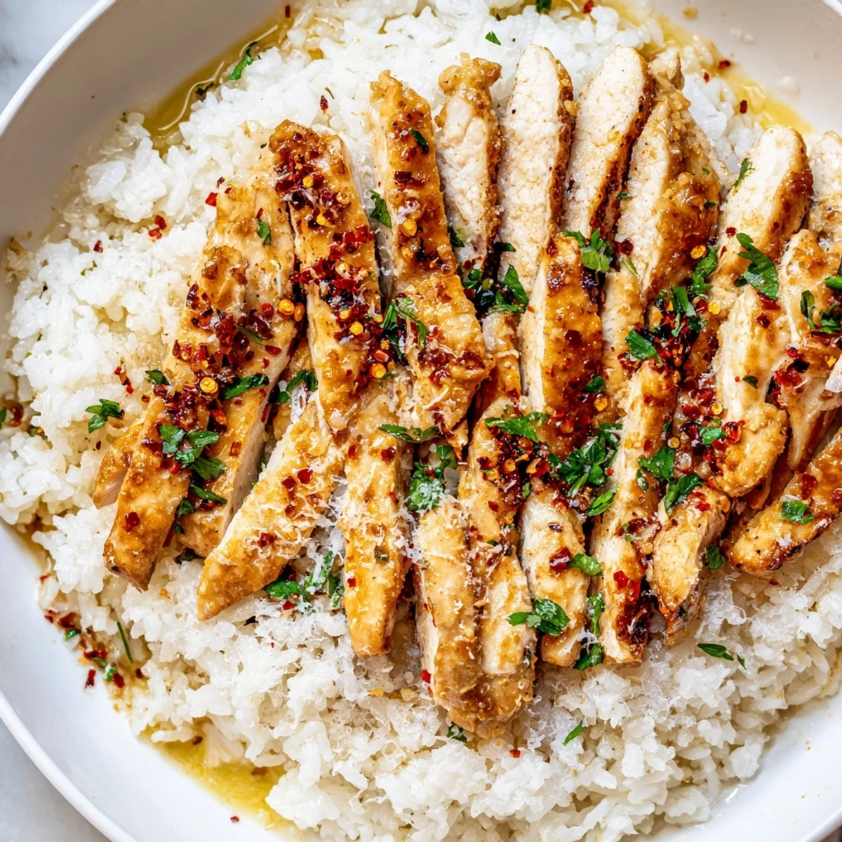 Tender buttery chicken scampi served over steaming garlic parmesan rice with lemon sauce