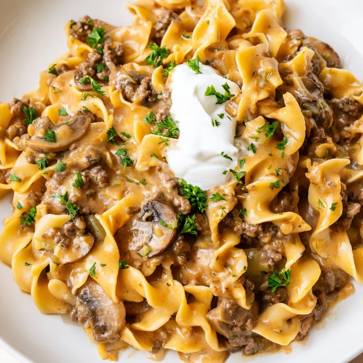 Hearty hamburger stroganoff in a rich sour cream mushroom sauce on wide egg noodles