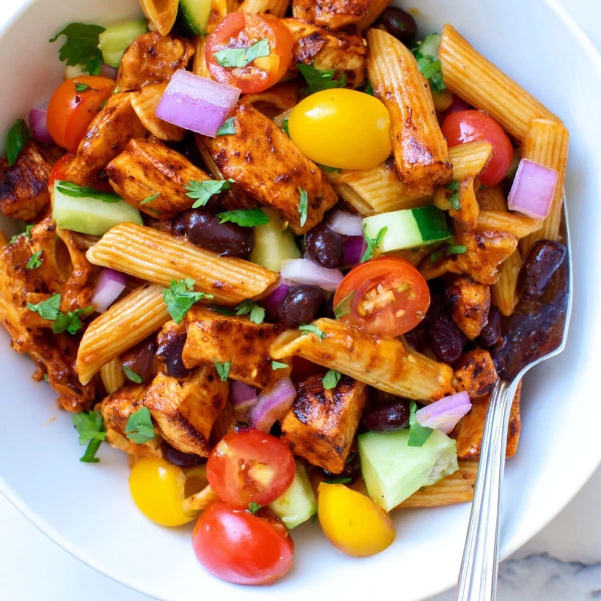 Zesty high protein BBQ chicken pasta salad in a rustic bowl with colorful vegetables and creamy dressing