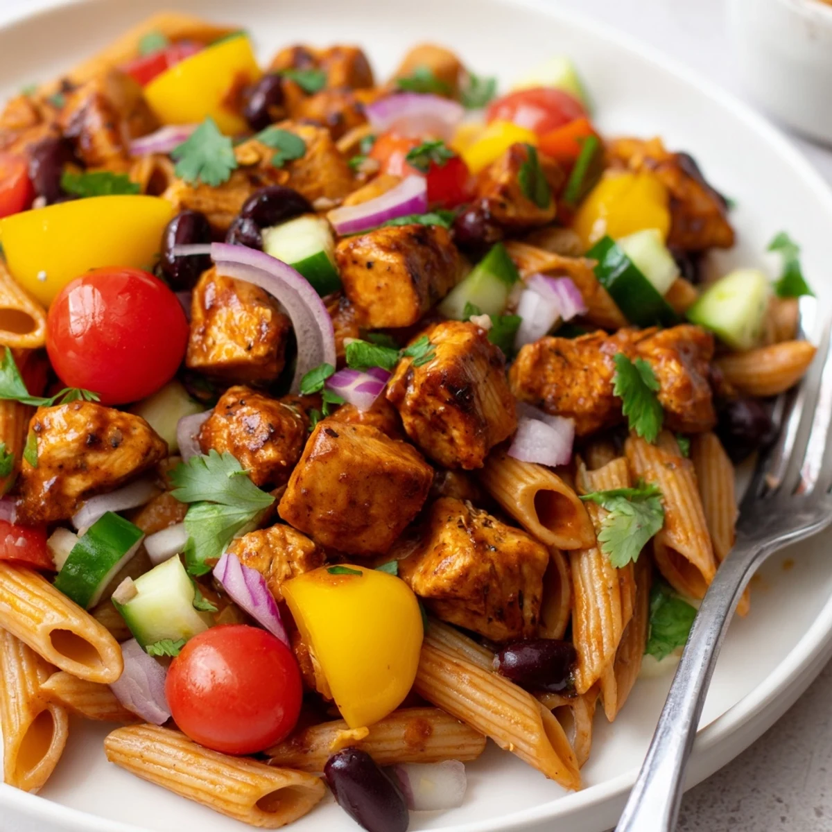 Smoky BBQ chicken pasta salad topped with fresh cilantro and a tangy yogurt drizzle