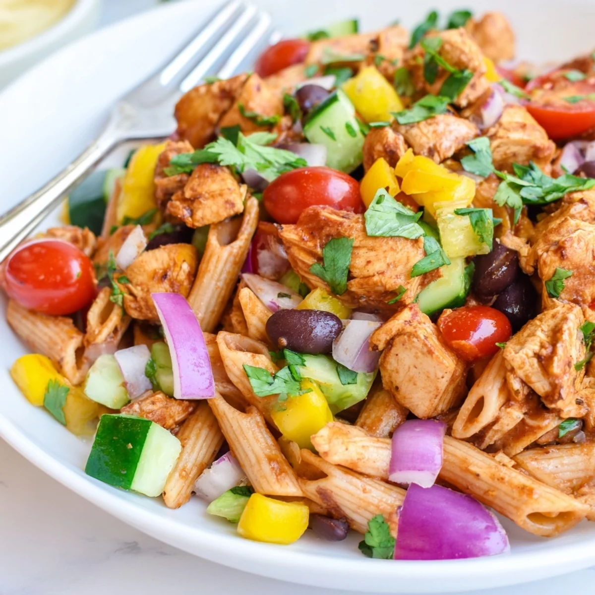 Hearty high protein BBQ chicken pasta salad loaded with bell peppers black beans and cherry tomatoes