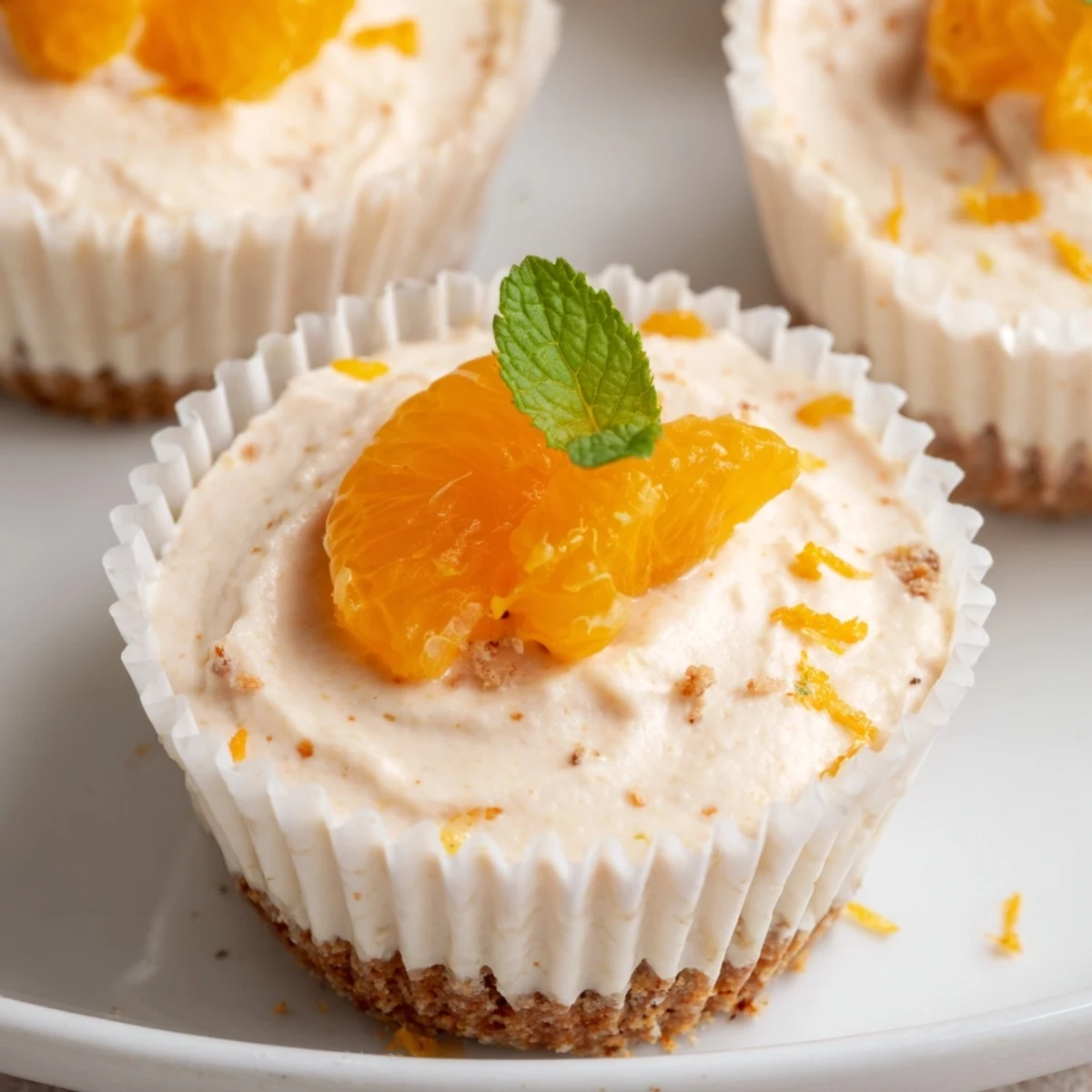 Golden biscuit crust cradles silky orange filling in mini no bake orange cheesecakes