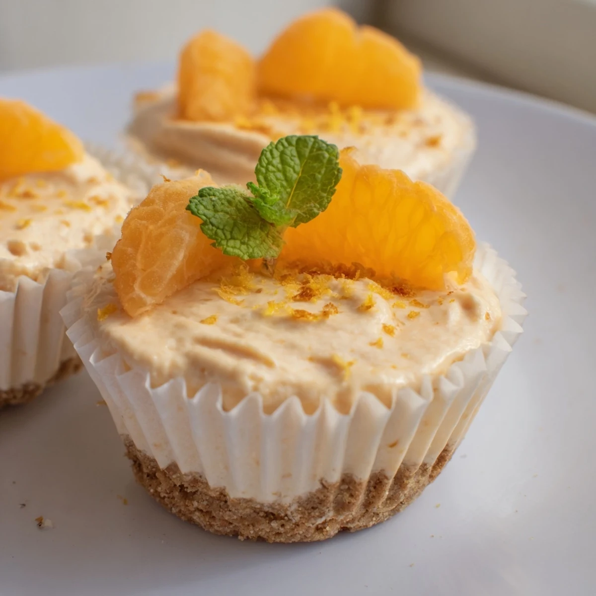 Creamy mini no bake orange cheesecakes topped with fresh orange segments and mint