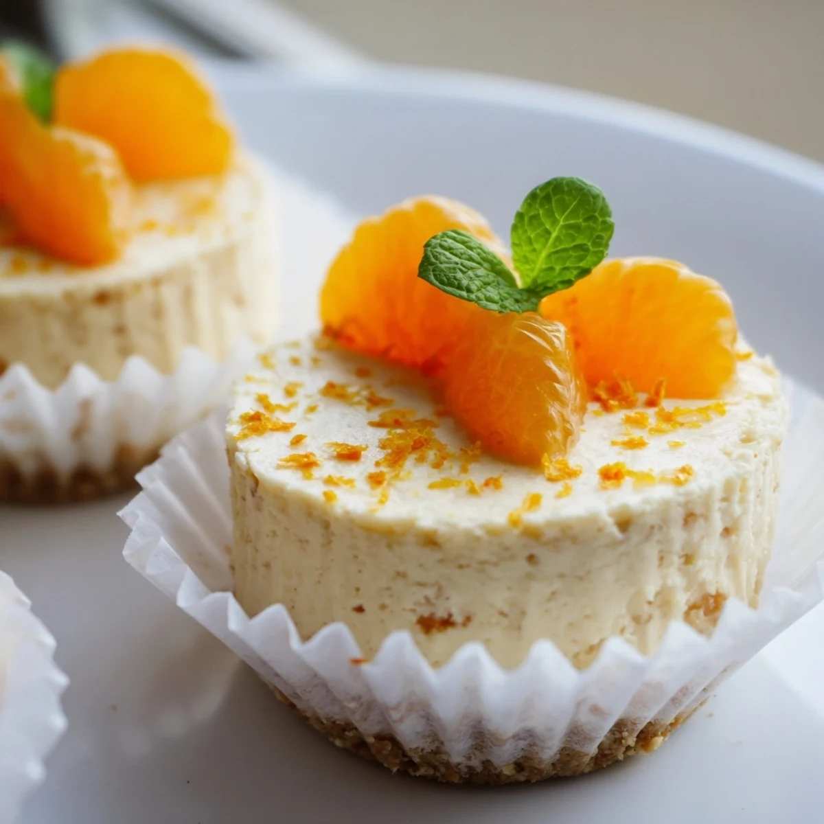 Zesty mini no bake orange cheesecakes garnished with bright citrus zest for serving
