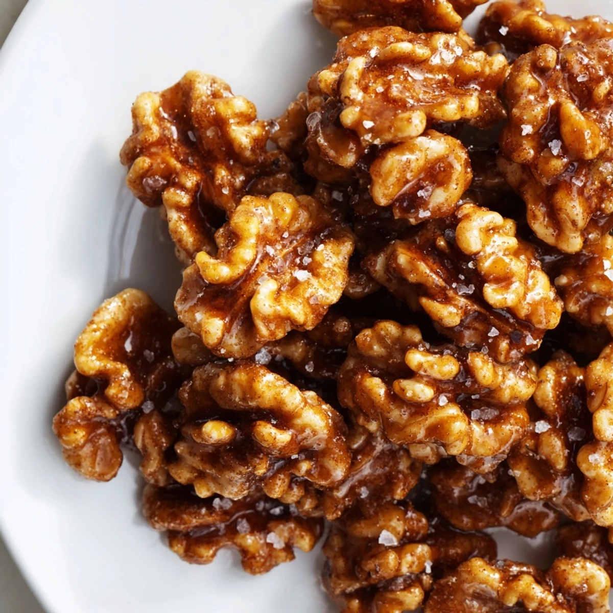 Glossy maple cinnamon walnuts cooling on a parchment-lined baking sheet, golden and fragrant