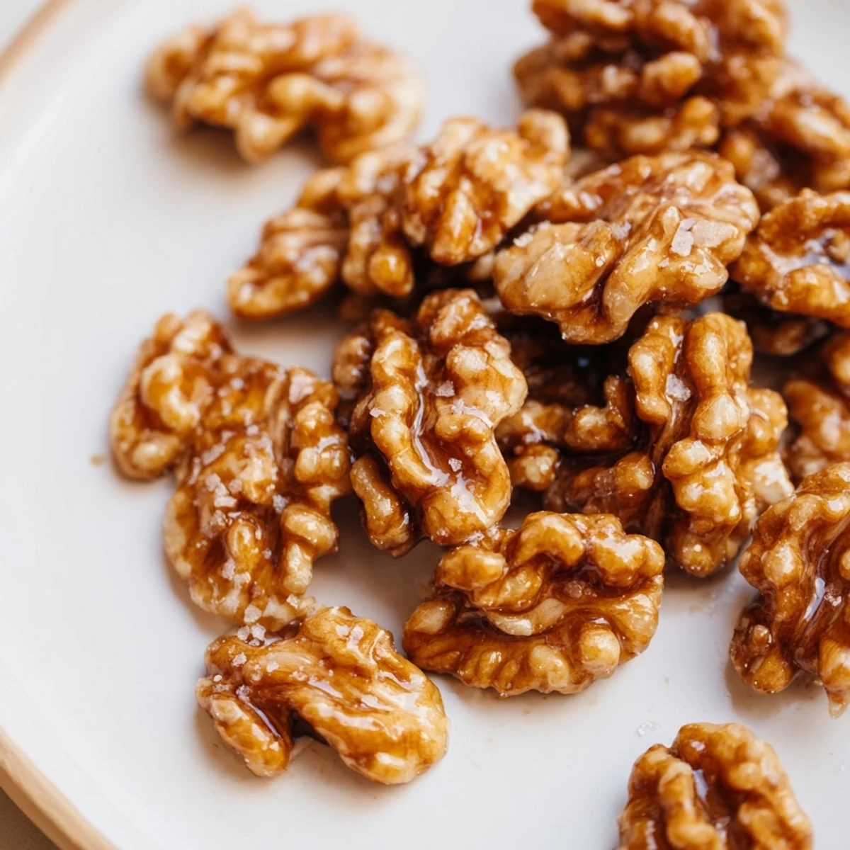 Crunchy maple cinnamon walnuts clustered in a sticky caramelized glaze, ready for snacking