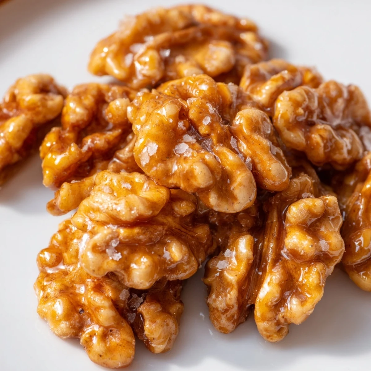 A rustic bowl of maple cinnamon walnuts scattered beside scattered spice and autumn leaves